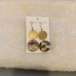 Gold Tone Double Circle Drop Earrings with Plain and Resin-Stone Chip Design